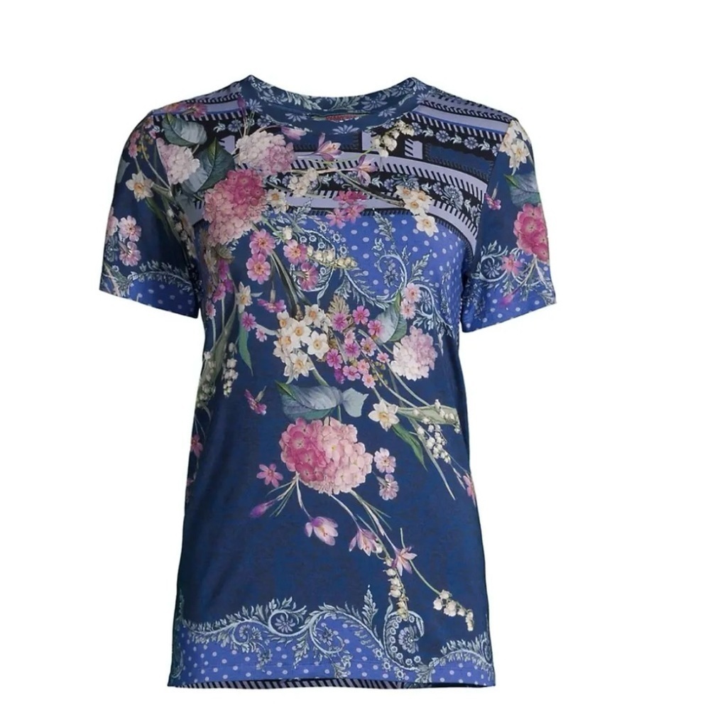 Johnny Was Revive Floral Flowery Bird Blouse Shirt Top, Navy Blue, Size S